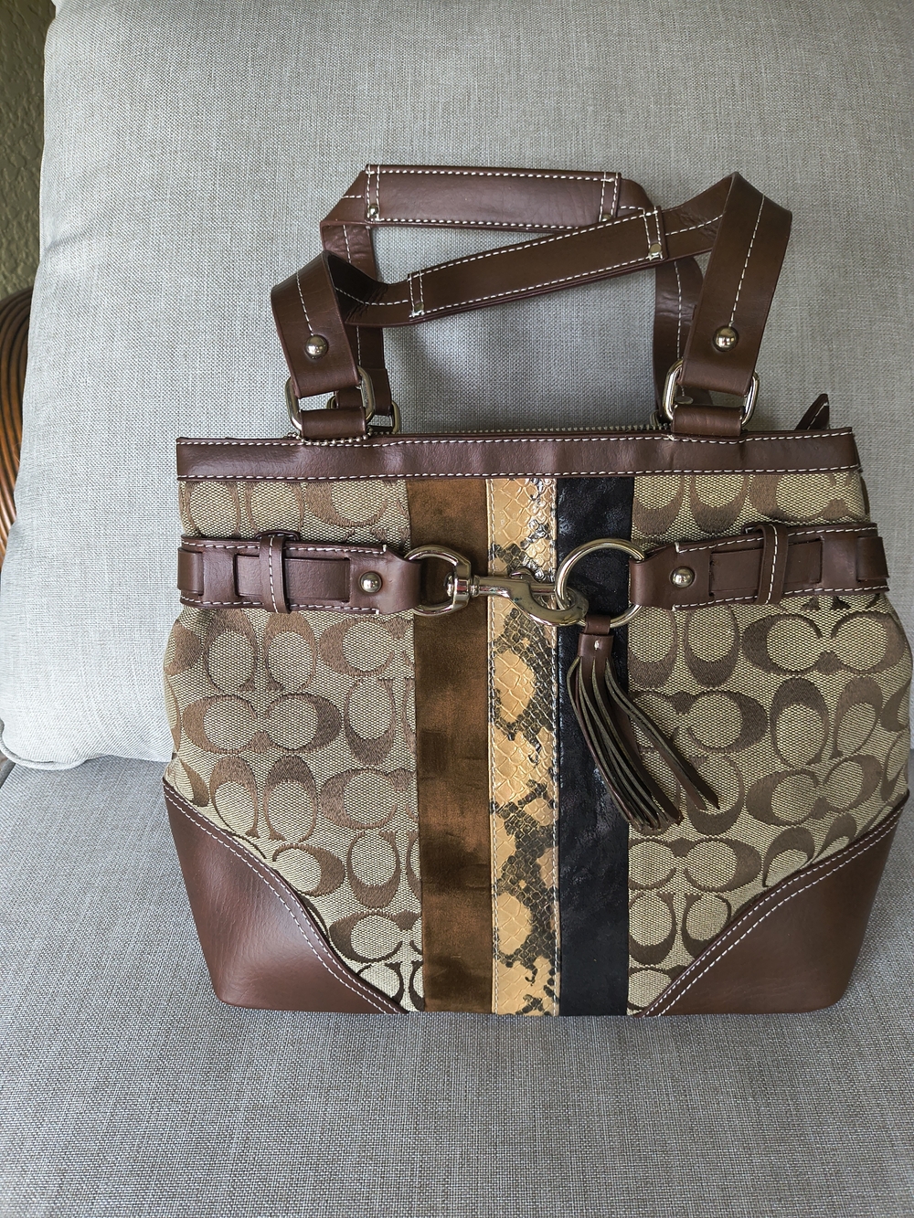 Coach Signature Pattern Brown Tote with Mixed Leather Stripes